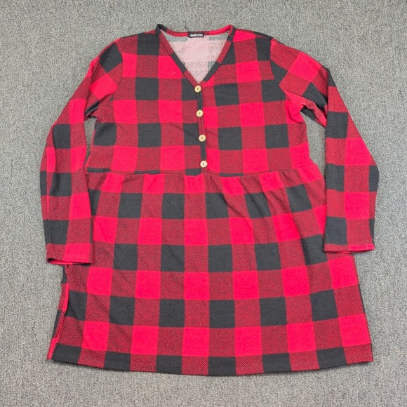 Heimish USA Vintage Buffalo Plaid Babydoll Dress XL Red Black Check V-Neck — photo 2